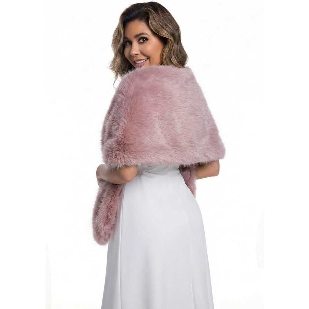 Women' Pink Faux Fur Winter Warm Wedding Neck Warmer Shawl Collar Scarf Stole - Picture 6 of 6